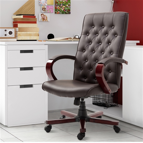 Brown Wooden Faux Leather Adjustable High Back Executive Home Office Chair - Image 5