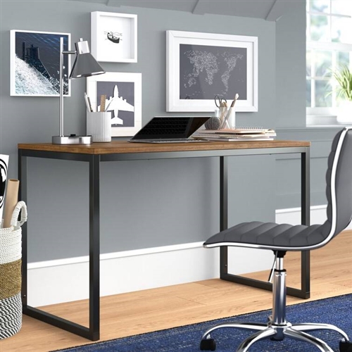 Modern Home Office Desk with Black Metal Frame and Brown Wood Top - Image 5