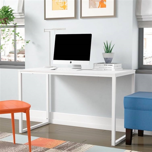 Modern Home Office Desk with White Metal Frame and Wood Top - Image 5